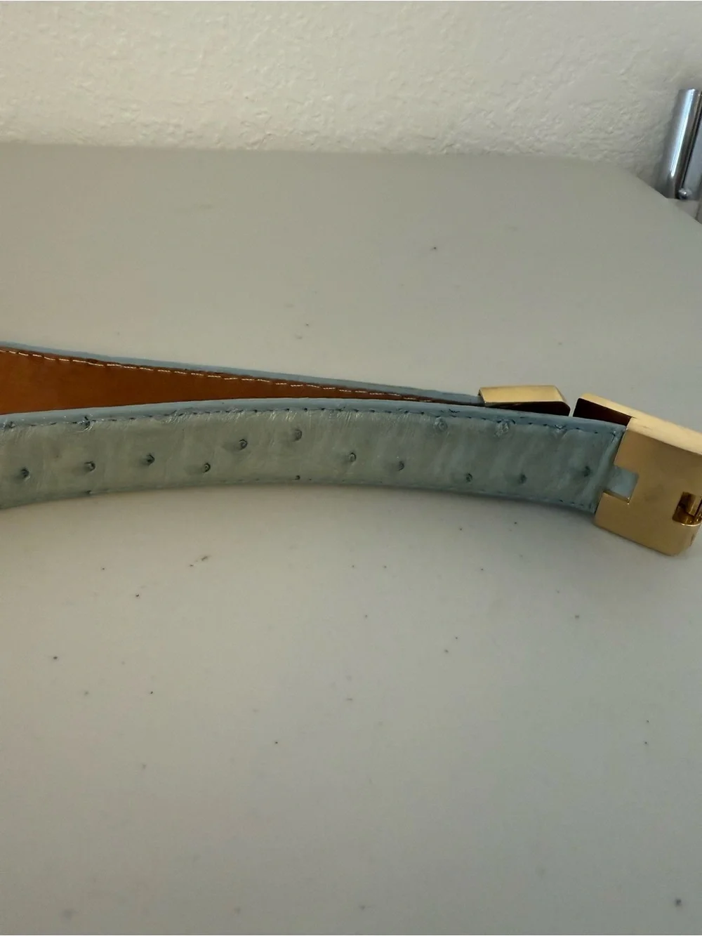El General Belt Company Blue Genuine Ostrich Leather Gold Medusa Hardware Belt